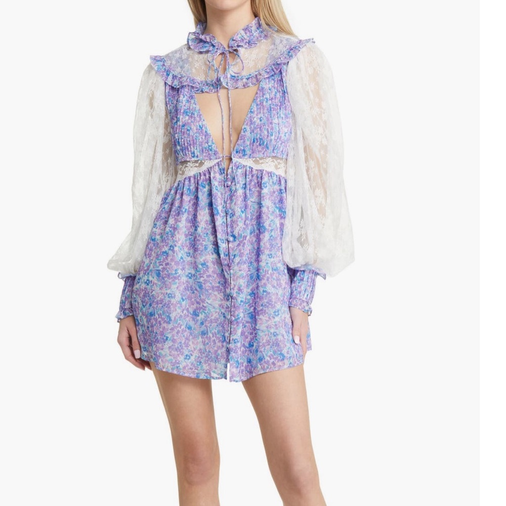 For Love & Lemons Purple April Floral Long Sleeve Dress NWT M *Missing Top Piece